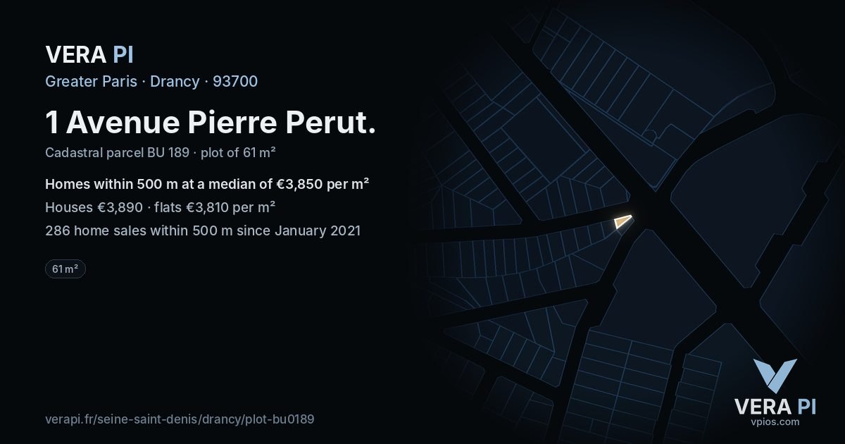 1 Avenue Pierre Perut, Drancy at night – the plot lit, the parcels around coloured by the prices near them