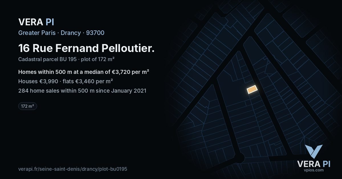 16 Rue Fernand Pelloutier, Drancy at night – the plot lit, the parcels around coloured by the prices near them