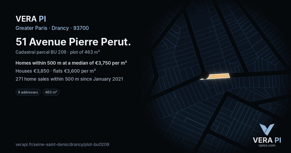 51 Avenue Pierre Perut, Drancy at night – the plot lit, the parcels around coloured by the prices near them