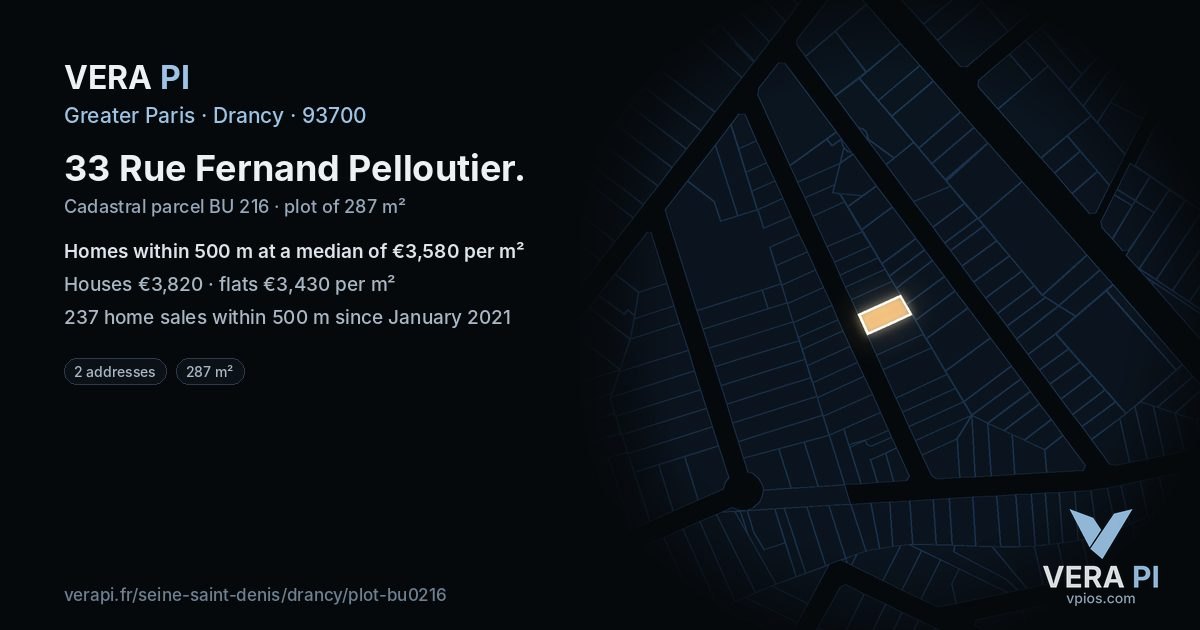 33 Rue Fernand Pelloutier, Drancy at night – the plot lit, the parcels around coloured by the prices near them