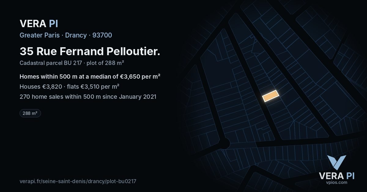 35 Rue Fernand Pelloutier, Drancy at night – the plot lit, the parcels around coloured by the prices near them