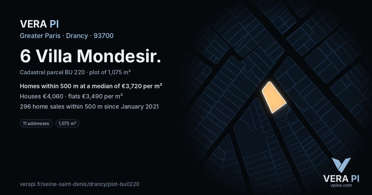 6 Villa Mondesir, Drancy at night – the plot lit, the parcels around coloured by the prices near them