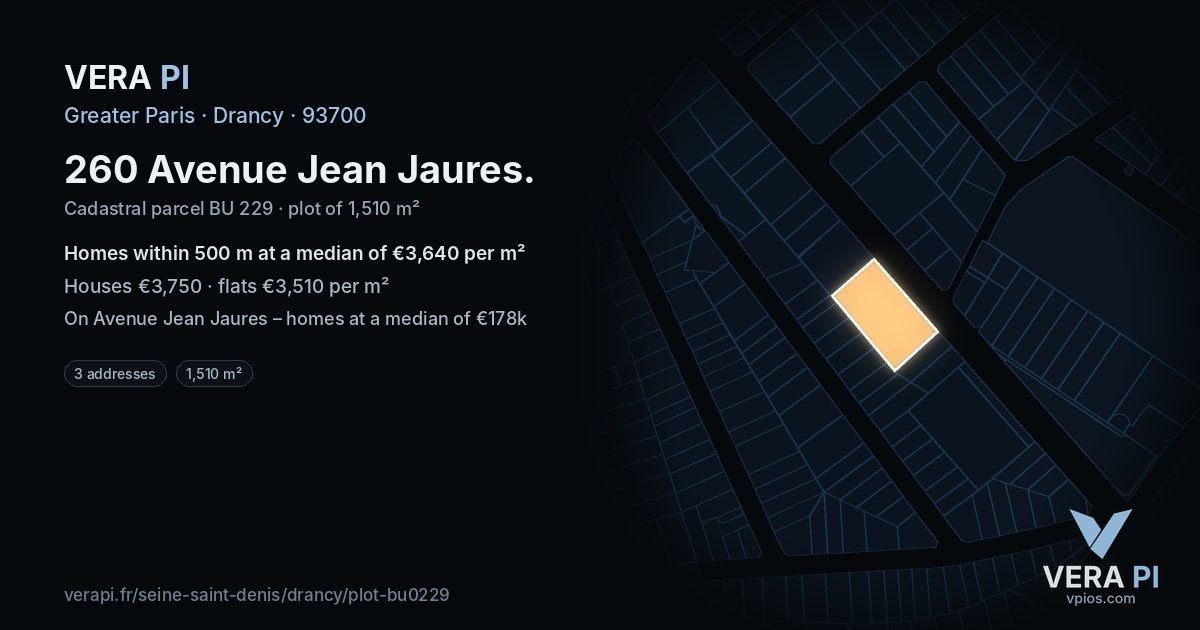 260 Avenue Jean Jaures, Drancy at night – the plot lit, the parcels around coloured by the prices near them