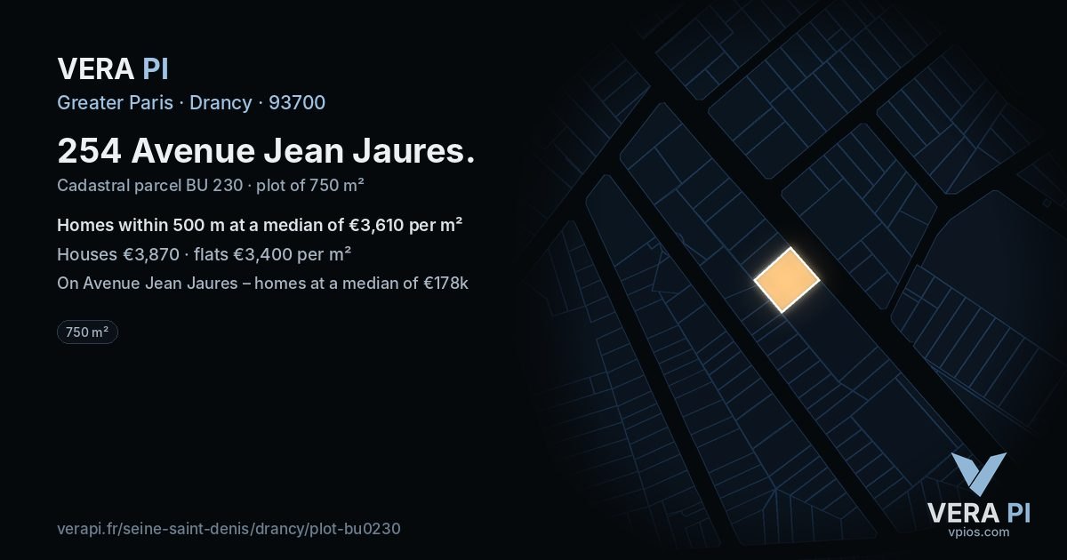 254 Avenue Jean Jaures, Drancy at night – the plot lit, the parcels around coloured by the prices near them