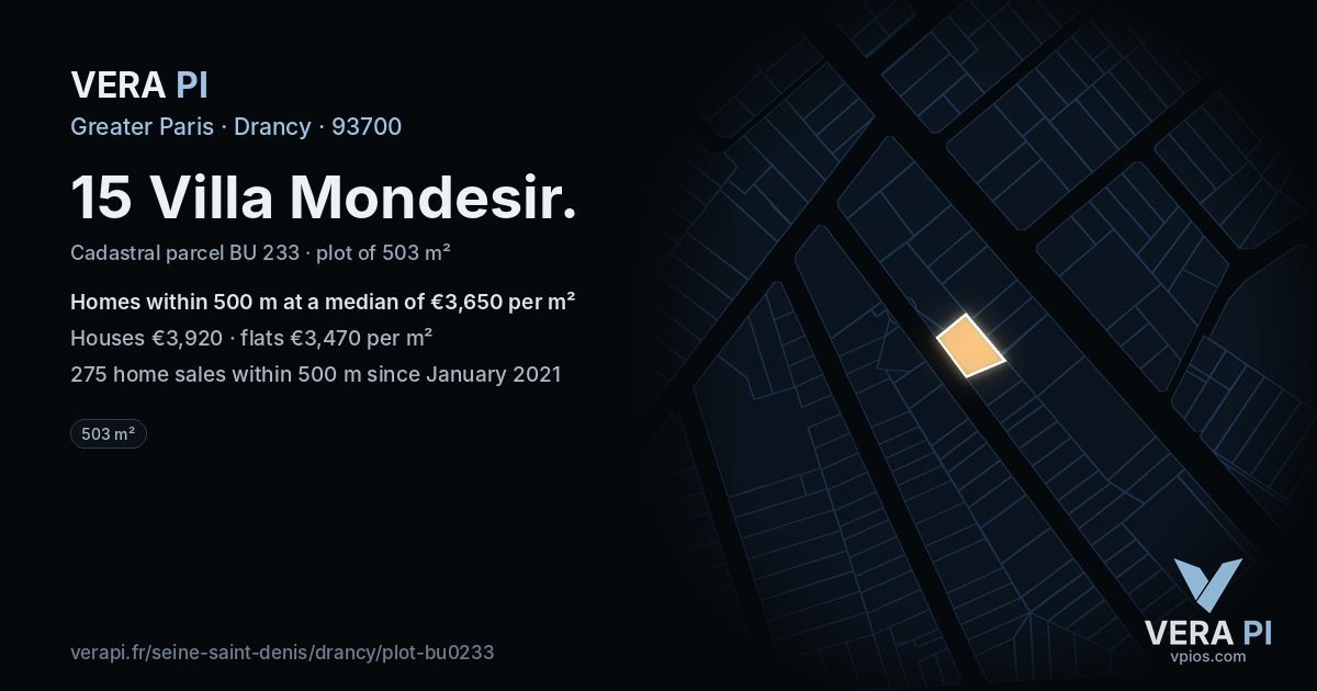 15 Villa Mondesir, Drancy at night – the plot lit, the parcels around coloured by the prices near them