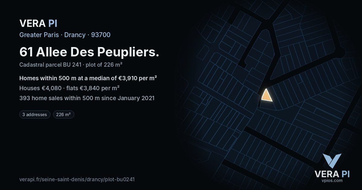 61 Allee Des Peupliers, Drancy at night – the plot lit, the parcels around coloured by the prices near them