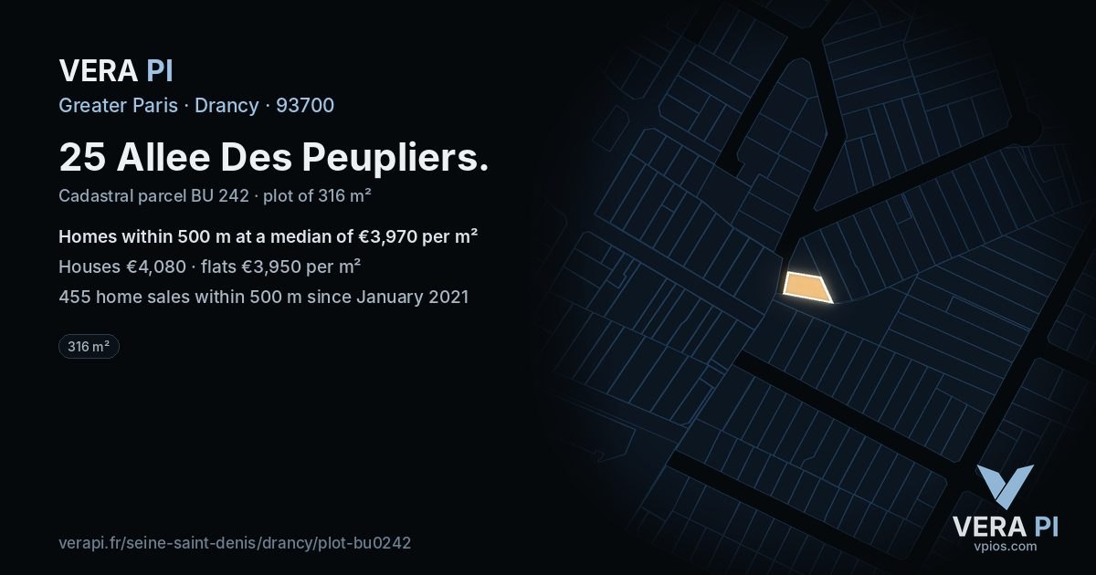 25 Allee Des Peupliers, Drancy at night – the plot lit, the parcels around coloured by the prices near them
