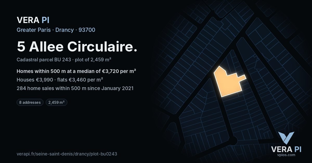 5 Allee Circulaire, Drancy at night – the plot lit, the parcels around coloured by the prices near them
