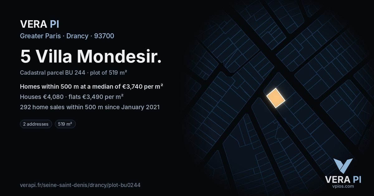 5 Villa Mondesir, Drancy at night – the plot lit, the parcels around coloured by the prices near them