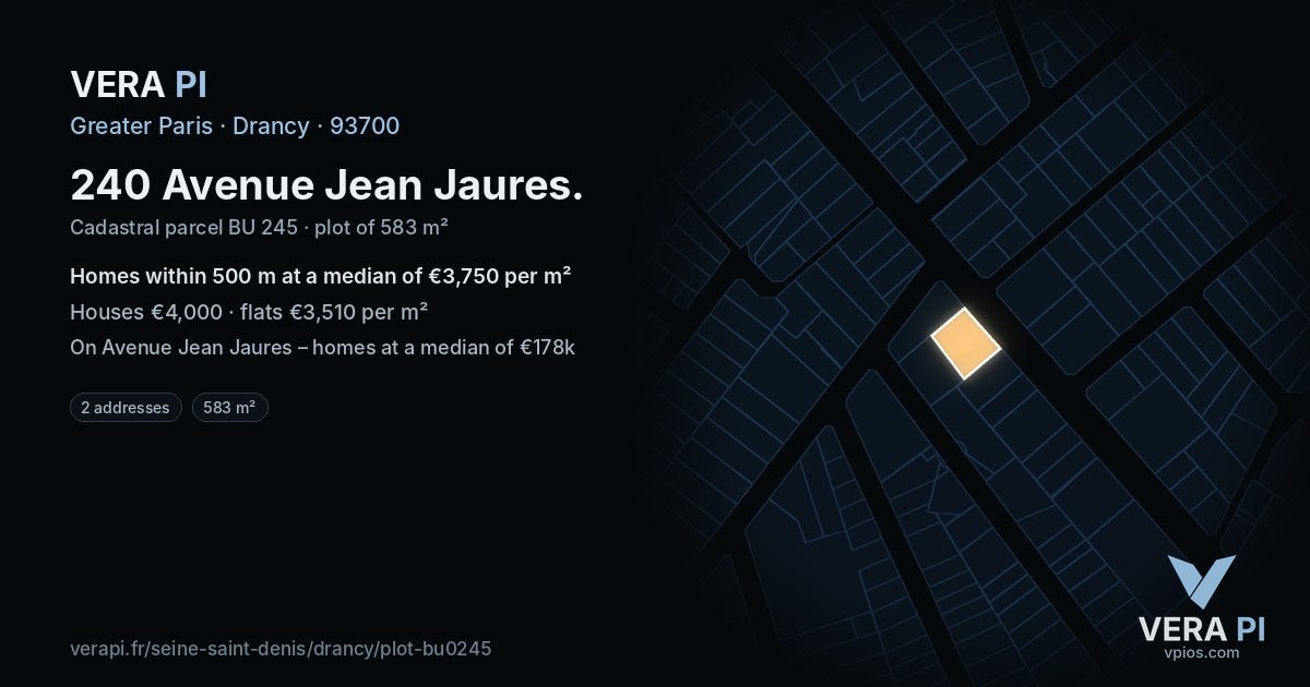 240 Avenue Jean Jaures, Drancy at night – the plot lit, the parcels around coloured by the prices near them
