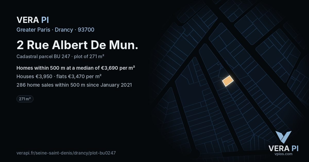 2 Rue Albert De Mun, Drancy at night – the plot lit, the parcels around coloured by the prices near them