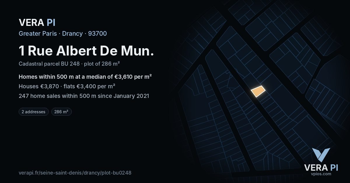 1 Rue Albert De Mun, Drancy at night – the plot lit, the parcels around coloured by the prices near them