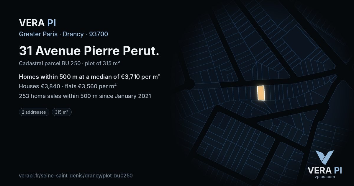 31 Avenue Pierre Perut, Drancy at night – the plot lit, the parcels around coloured by the prices near them