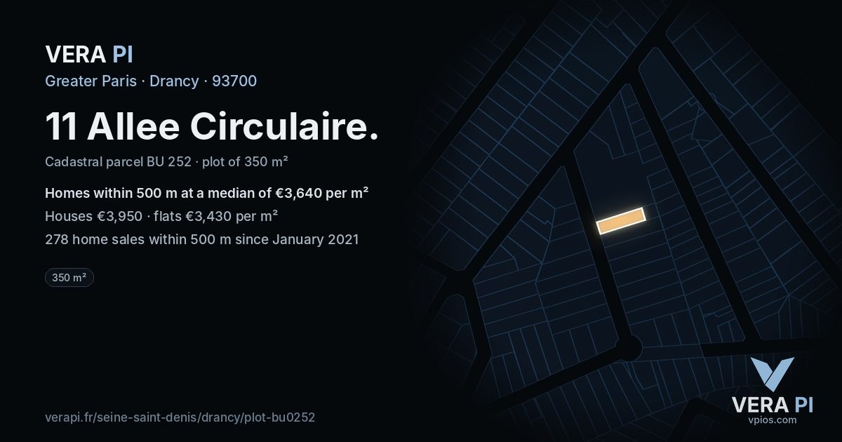 11 Allee Circulaire, Drancy at night – the plot lit, the parcels around coloured by the prices near them