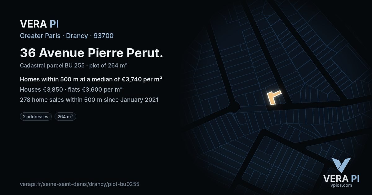 36 Avenue Pierre Perut, Drancy at night – the plot lit, the parcels around coloured by the prices near them