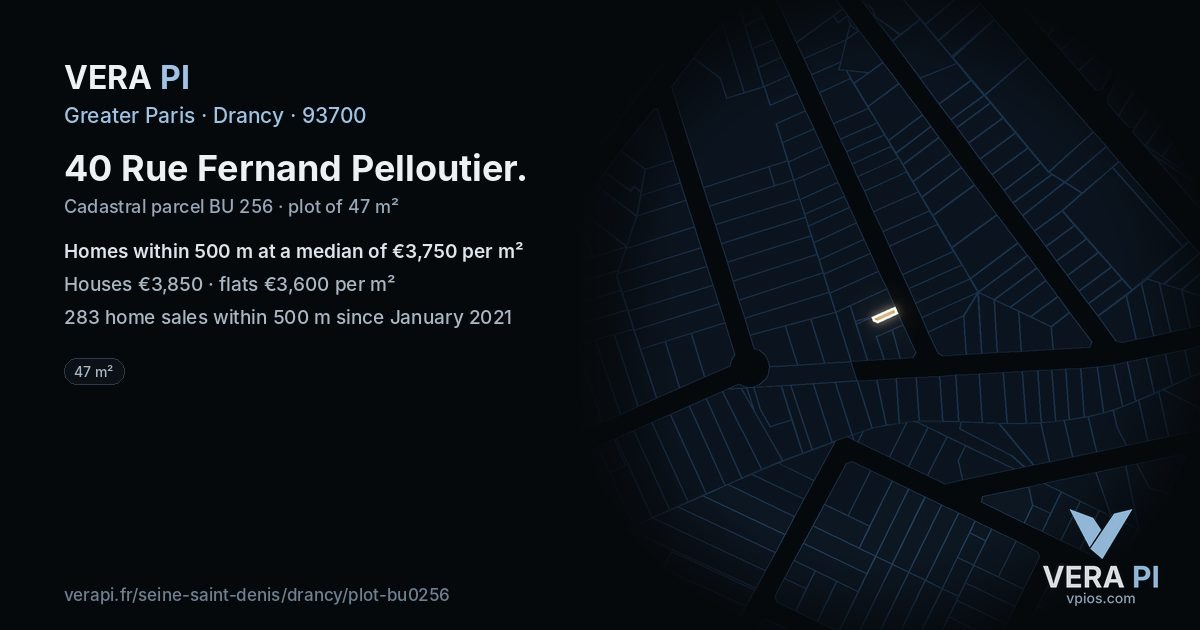 40 Rue Fernand Pelloutier, Drancy at night – the plot lit, the parcels around coloured by the prices near them