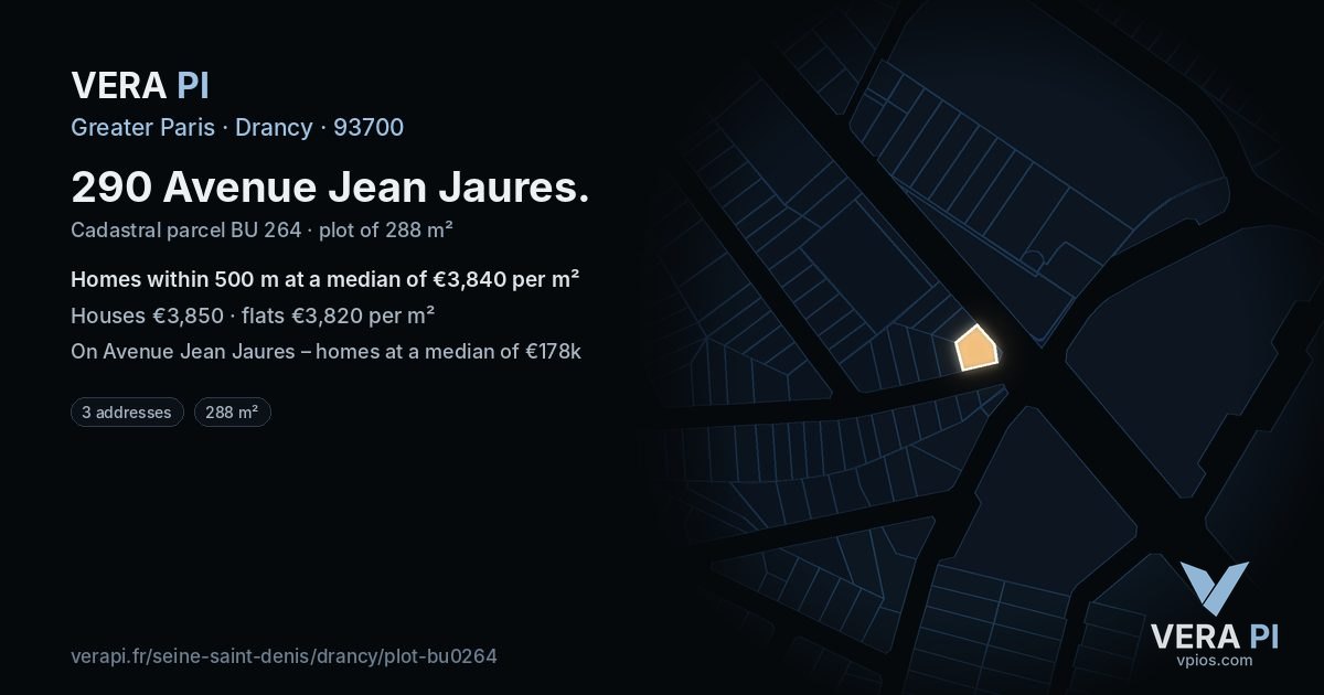 290 Avenue Jean Jaures, Drancy at night – the plot lit, the parcels around coloured by the prices near them