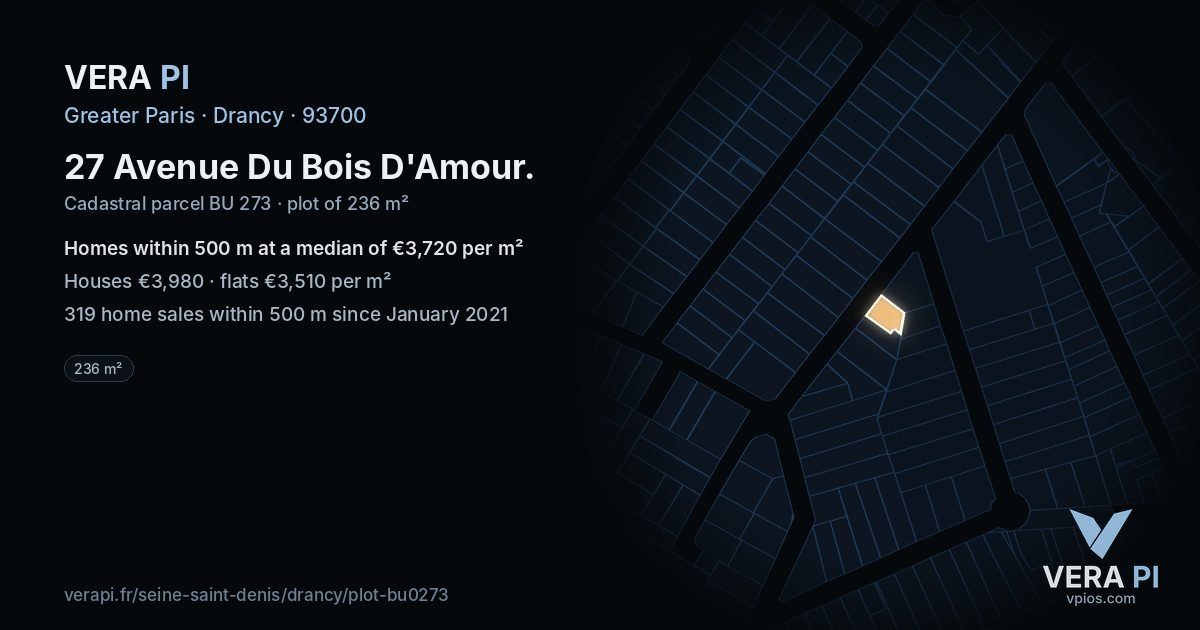 27 Avenue Du Bois D'Amour, Drancy at night – the plot lit, the parcels around coloured by the prices near them