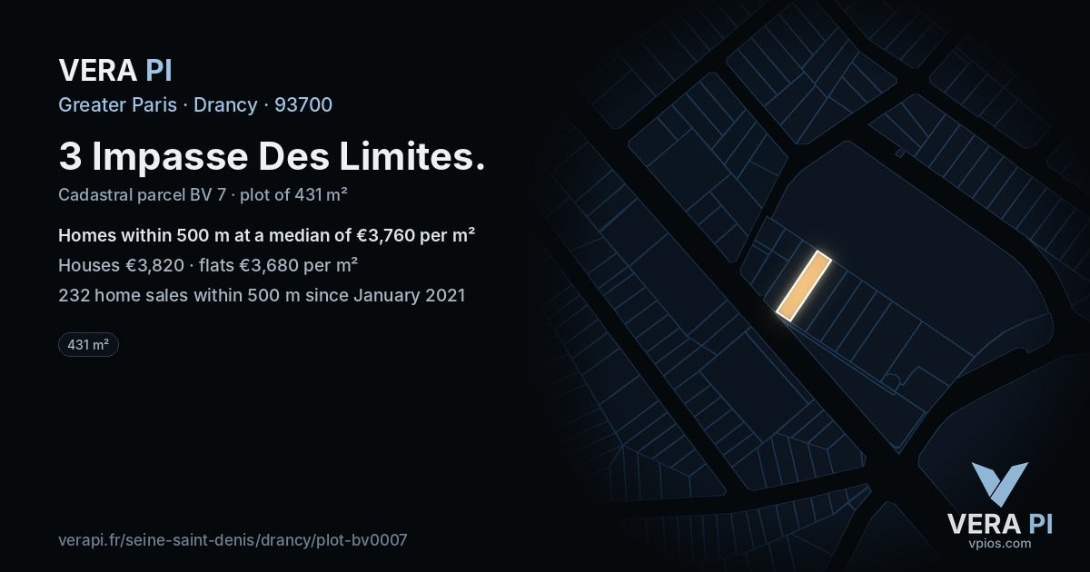 3 Impasse Des Limites, Drancy at night – the plot lit, the parcels around coloured by the prices near them