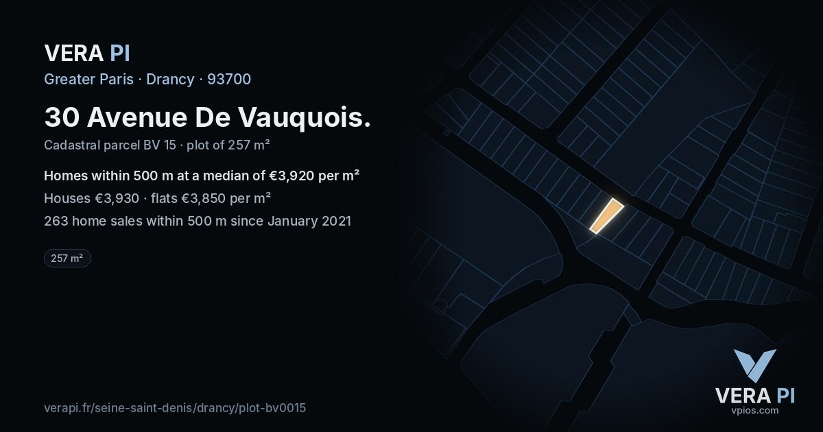 30 Avenue De Vauquois, Drancy at night – the plot lit, the parcels around coloured by the prices near them