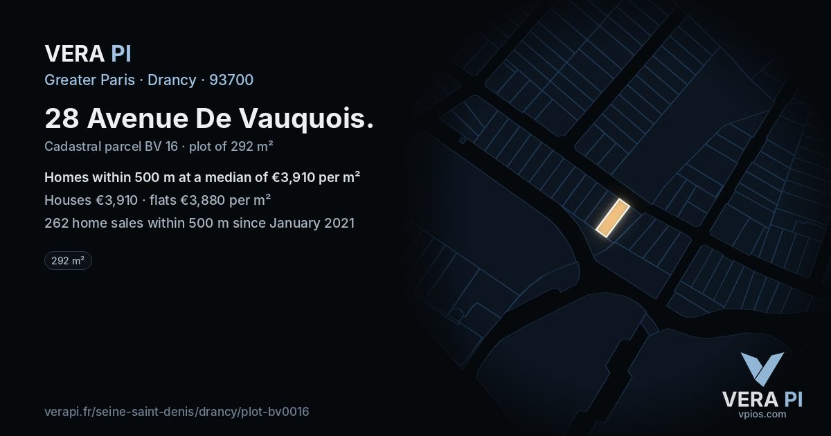 28 Avenue De Vauquois, Drancy at night – the plot lit, the parcels around coloured by the prices near them