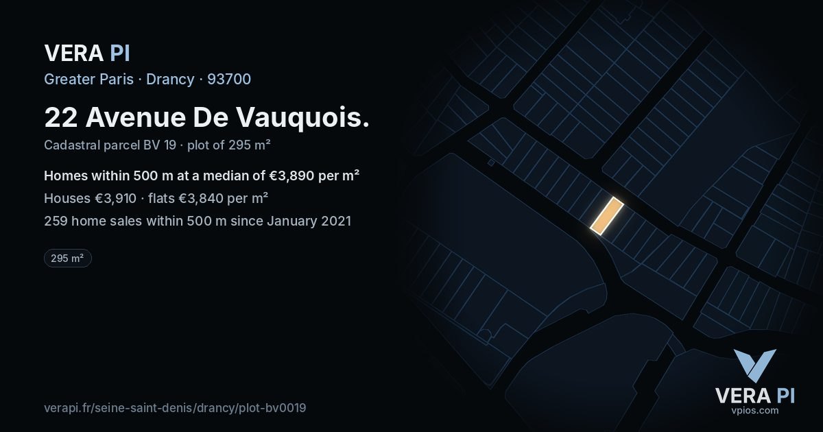 22 Avenue De Vauquois, Drancy at night – the plot lit, the parcels around coloured by the prices near them