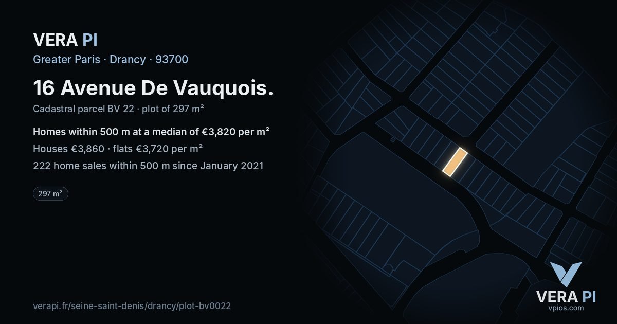16 Avenue De Vauquois, Drancy at night – the plot lit, the parcels around coloured by the prices near them