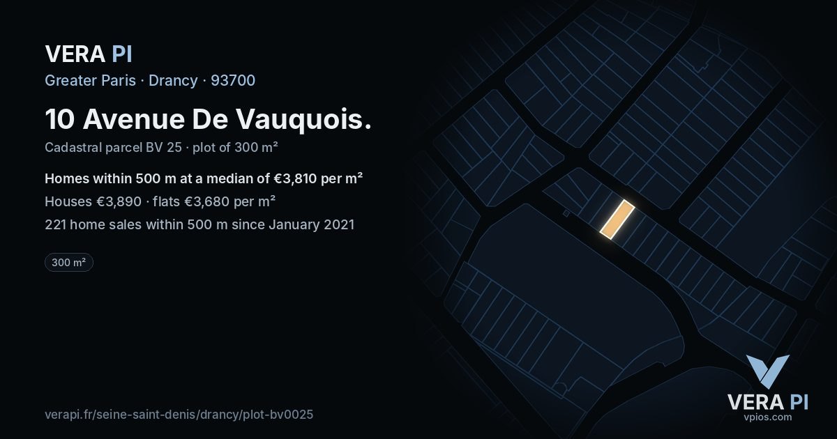 10 Avenue De Vauquois, Drancy at night – the plot lit, the parcels around coloured by the prices near them