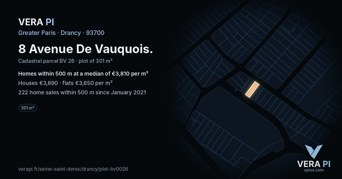 8 Avenue De Vauquois, Drancy at night – the plot lit, the parcels around coloured by the prices near them