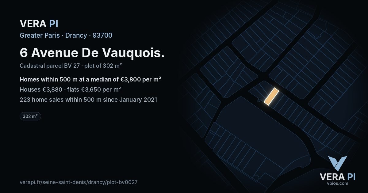 6 Avenue De Vauquois, Drancy at night – the plot lit, the parcels around coloured by the prices near them