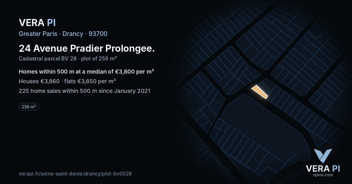 24 Avenue Pradier Prolongee, Drancy at night – the plot lit, the parcels around coloured by the prices near them