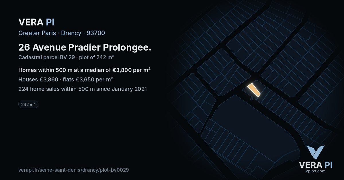 26 Avenue Pradier Prolongee, Drancy at night – the plot lit, the parcels around coloured by the prices near them