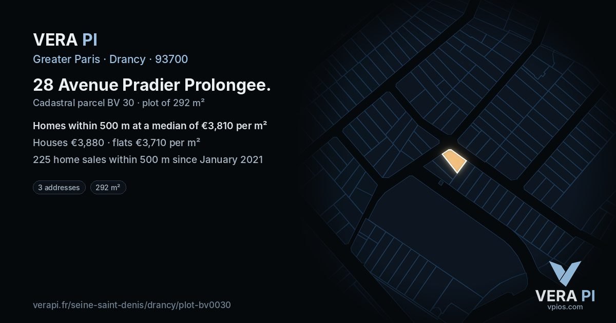 28 Avenue Pradier Prolongee, Drancy at night – the plot lit, the parcels around coloured by the prices near them