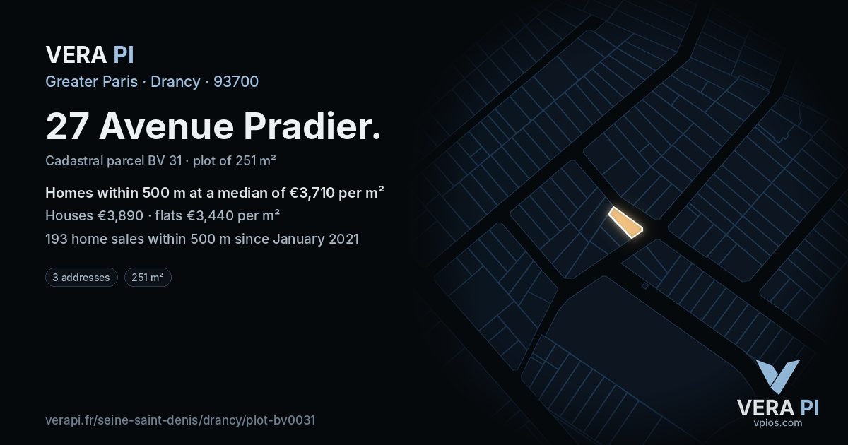 27 Avenue Pradier, Drancy at night – the plot lit, the parcels around coloured by the prices near them