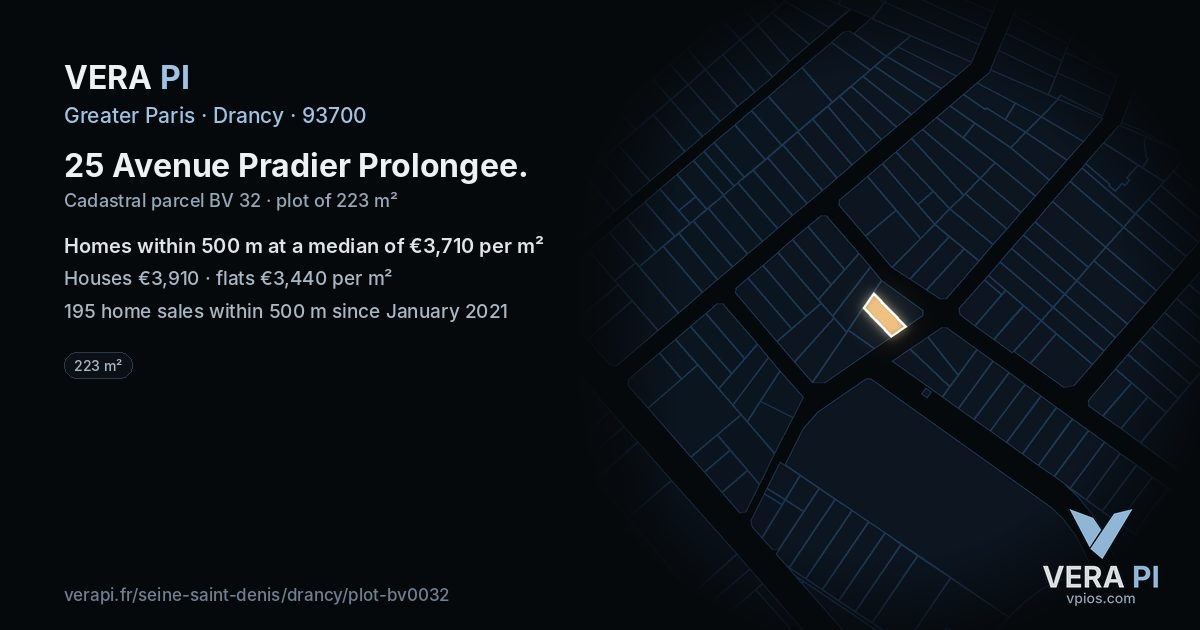 25 Avenue Pradier Prolongee, Drancy at night – the plot lit, the parcels around coloured by the prices near them