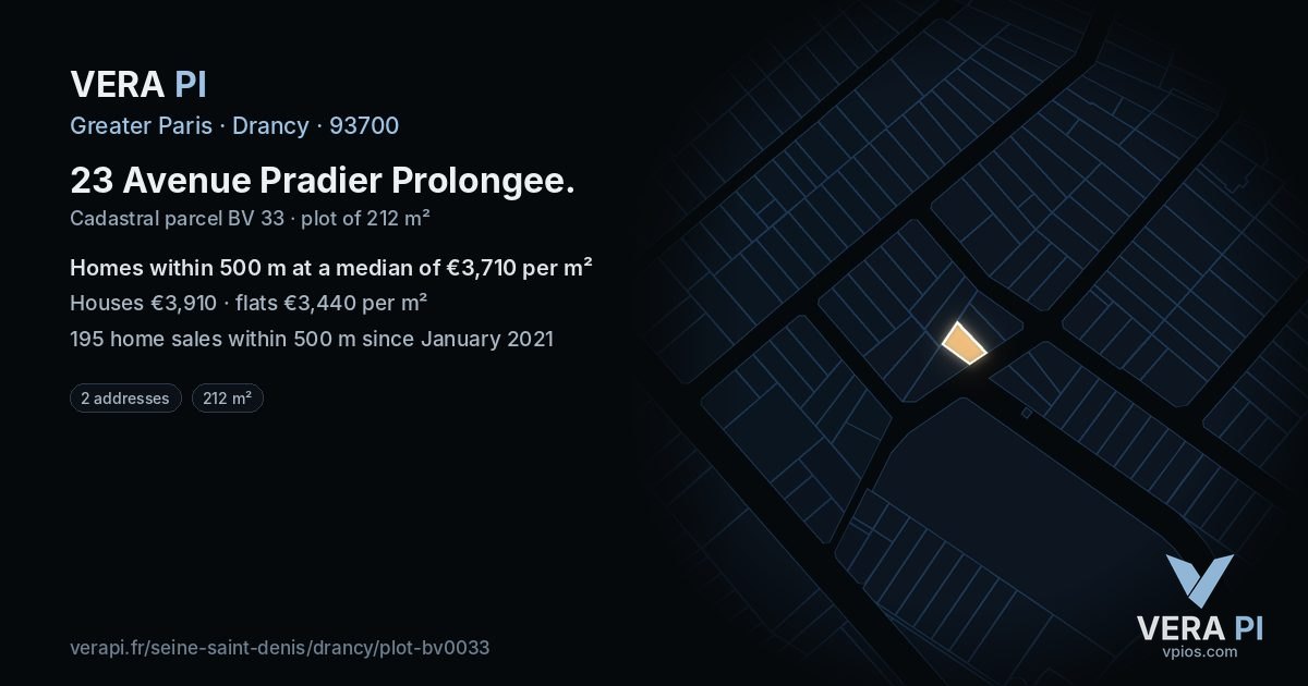 23 Avenue Pradier Prolongee, Drancy at night – the plot lit, the parcels around coloured by the prices near them