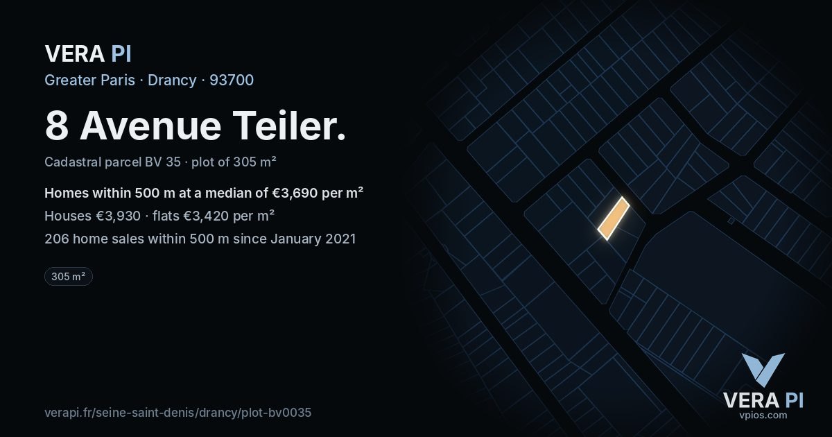 8 Avenue Teiler, Drancy at night – the plot lit, the parcels around coloured by the prices near them