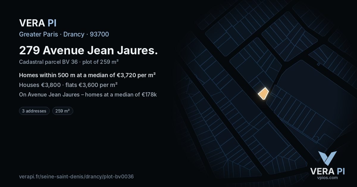 279 Avenue Jean Jaures, Drancy at night – the plot lit, the parcels around coloured by the prices near them