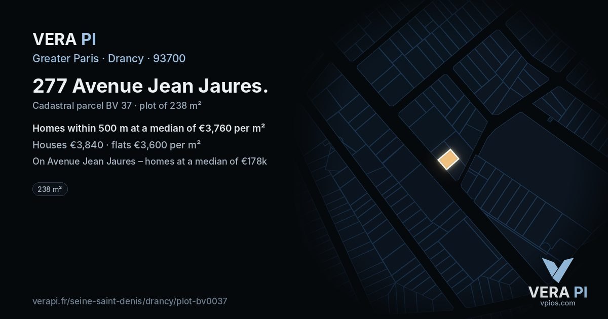 277 Avenue Jean Jaures, Drancy at night – the plot lit, the parcels around coloured by the prices near them