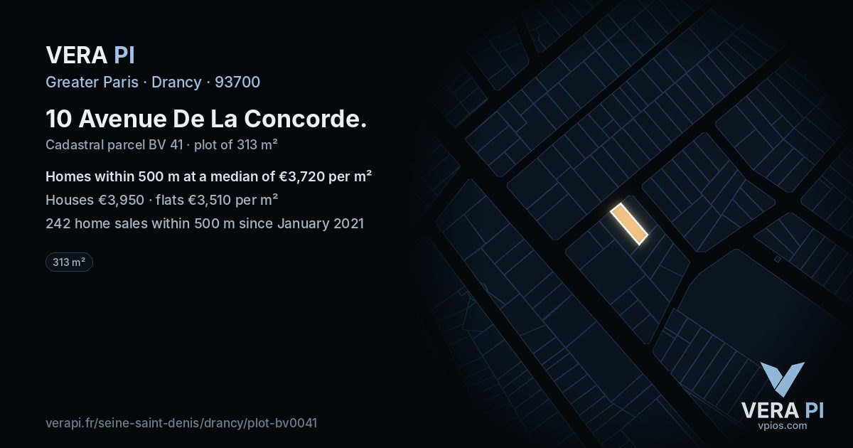 10 Avenue De La Concorde, Drancy at night – the plot lit, the parcels around coloured by the prices near them