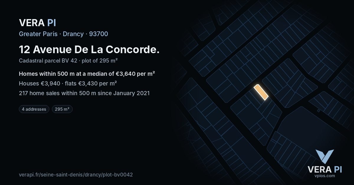 12 Avenue De La Concorde, Drancy at night – the plot lit, the parcels around coloured by the prices near them