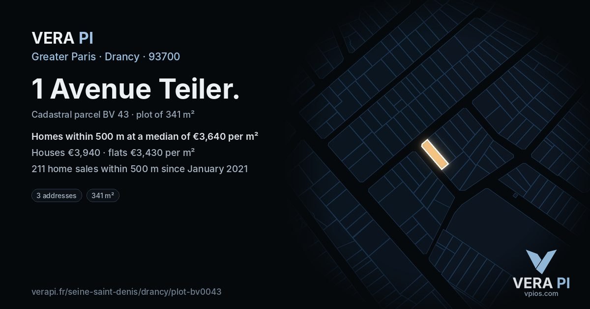1 Avenue Teiler, Drancy at night – the plot lit, the parcels around coloured by the prices near them