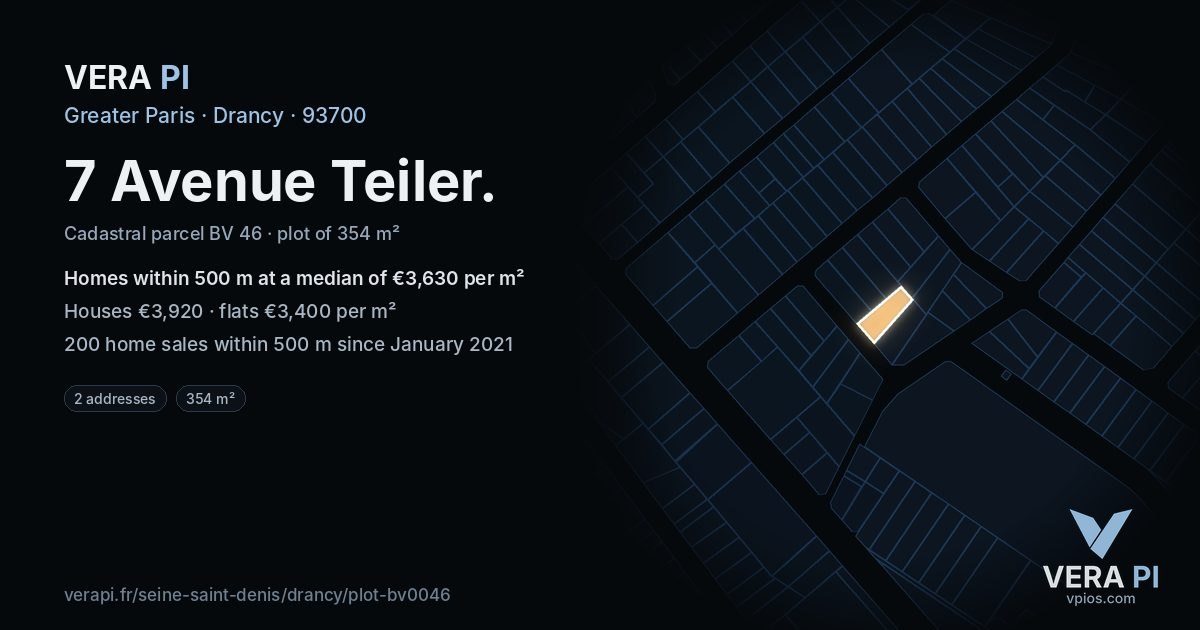 7 Avenue Teiler, Drancy at night – the plot lit, the parcels around coloured by the prices near them