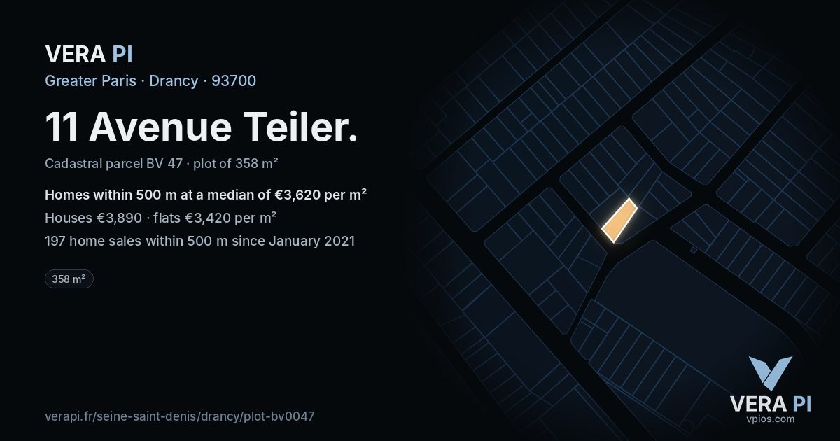 11 Avenue Teiler, Drancy at night – the plot lit, the parcels around coloured by the prices near them
