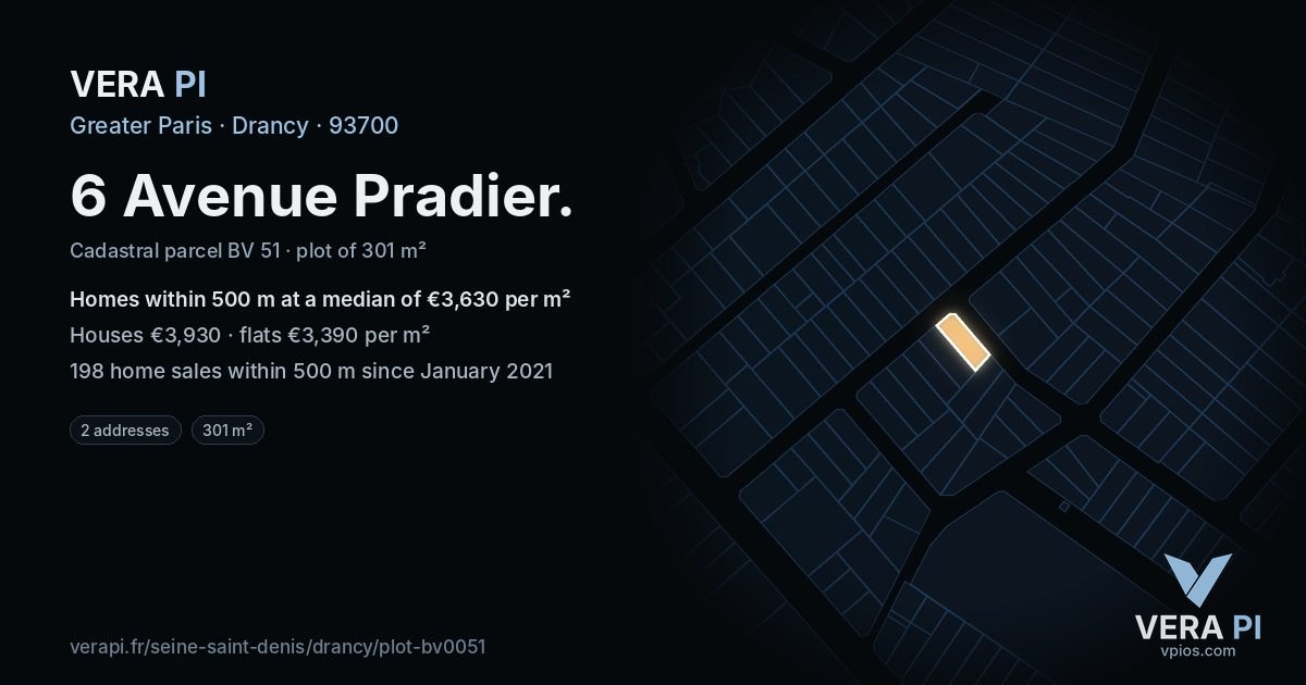 6 Avenue Pradier, Drancy at night – the plot lit, the parcels around coloured by the prices near them