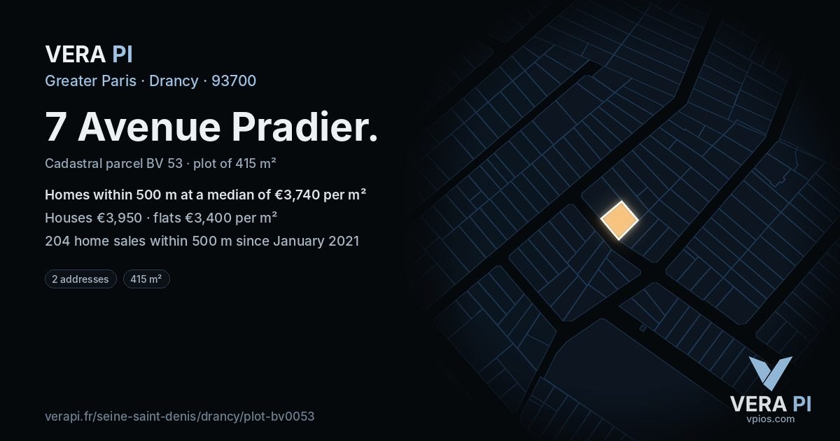 7 Avenue Pradier, Drancy at night – the plot lit, the parcels around coloured by the prices near them