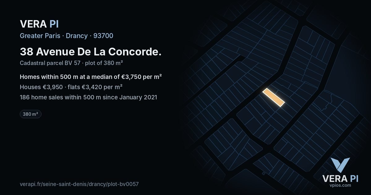 38 Avenue De La Concorde, Drancy at night – the plot lit, the parcels around coloured by the prices near them