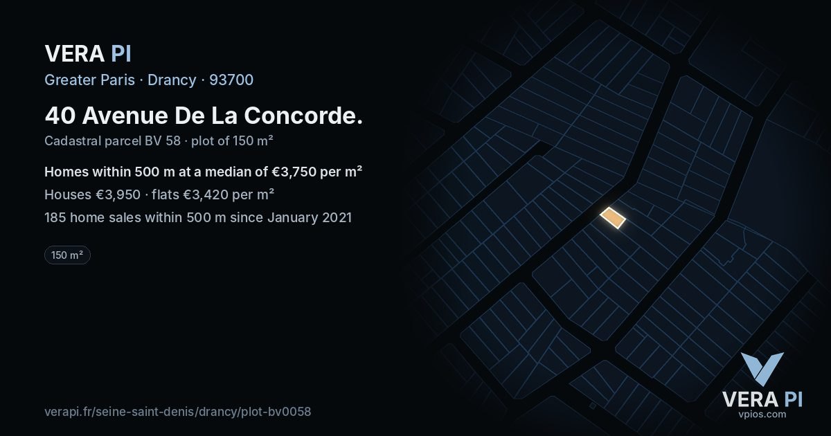 40 Avenue De La Concorde, Drancy at night – the plot lit, the parcels around coloured by the prices near them