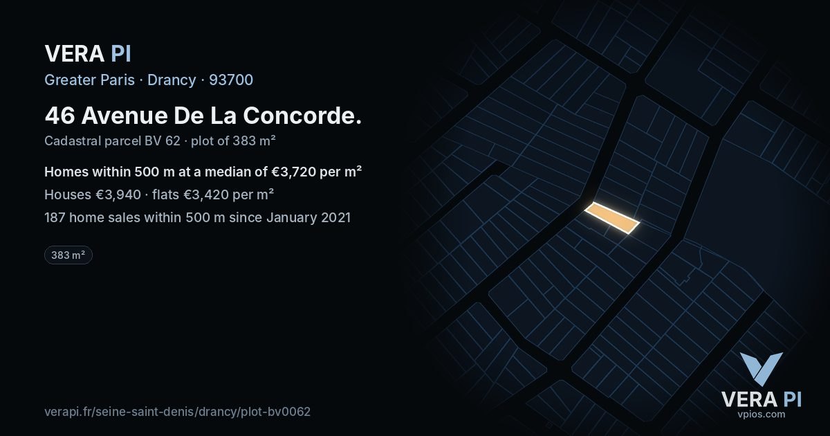 46 Avenue De La Concorde, Drancy at night – the plot lit, the parcels around coloured by the prices near them