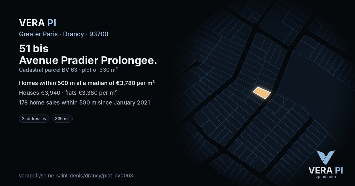 51 bis Avenue Pradier Prolongee, Drancy at night – the plot lit, the parcels around coloured by the prices near them